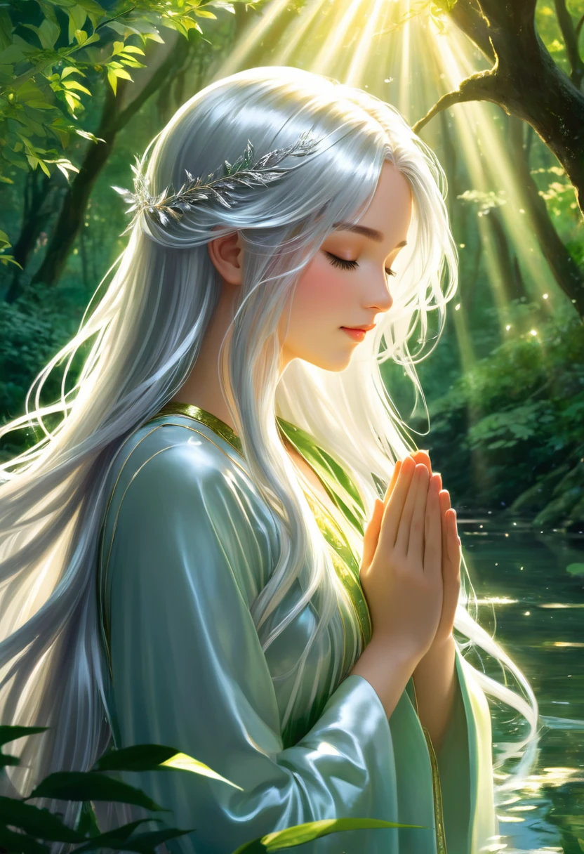 This scene depicts an anime/illustration girl with shiny and wonderful silver hair. The girl's long hair is silver.
Girls are divine beings like angels (the silver-haired angel) and goddesses (the silver-haired goddess).
The girl lives in a lush green forest and a clear waterside.
The divine golden light spilling through the gaps in the leaves illuminates the girl's profile, illuminating her elegant features and delicate hair, creating a tranquil atmosphere. A beautiful girl is depicted with long, shiny hair flowing in a noble and enchanting way that reflects the light. To pray to God, the girl closes her eyes and silently joins her hands in prayer. The girl's expression shows her desire for peace and harmony.