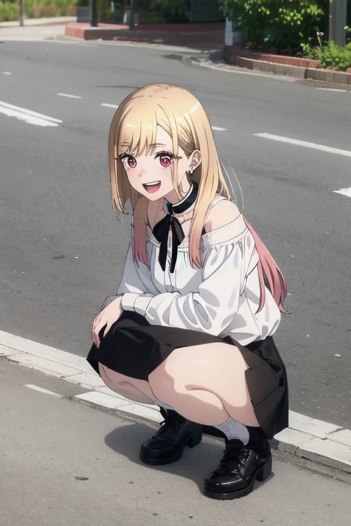 (((Pixel Perfect, Perfect detail))), alone, 1 girl,
Kitagawa Marine SB,1 girl, alone, teeth, Bright smile, Earrings, Long Hair, blonde, Red eyes, Colorful Hair, Black Ribbon, black collar,
Black Skirt, White shirt, Off the shoulder, tuck your shirt in,Permanently installed, Looking at the audience,outdoor activities, (squatting:1.3),  (Spread your legs,White panties), whole body