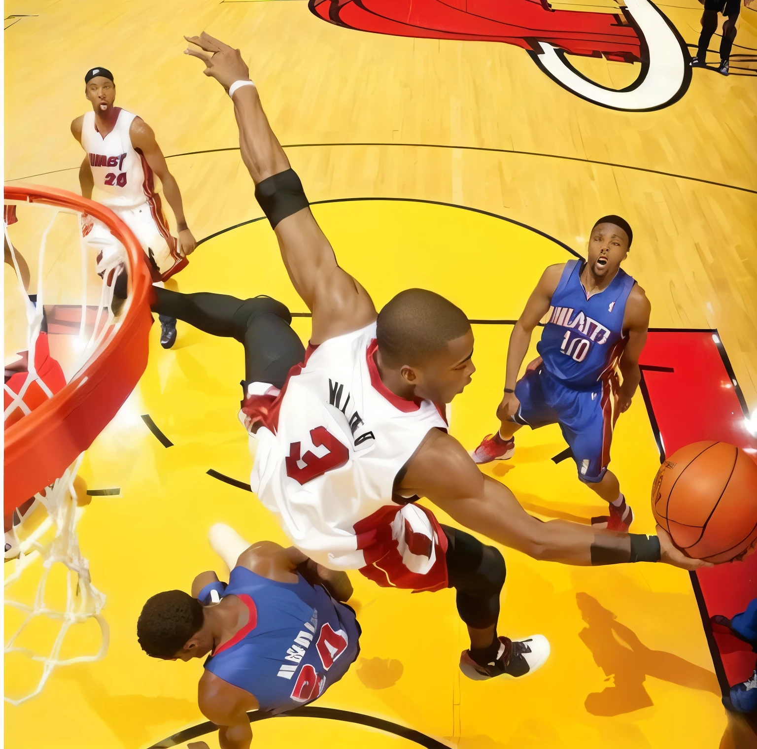 arafed shot of a basketball player in mid air after a dunk, nba, air shot, dunking, mid air shot, posterized, birds eye view, rule of third!!!!, flying shot, scence of slam dunk, the nba finals, award winning shot, miami heat colors, center focused, award - winning shot, award-winning shot, dynamic action shot