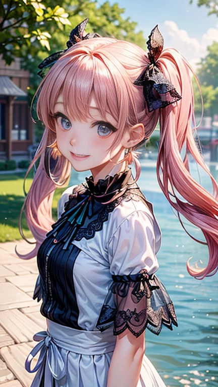 Anime girl with pink hair and a ribbon in her hair, Cute realistic portrait, 、Gweitz, Magical Girl Portrait, Cute Characters, Cute art style, Anime Moe Art Style, MapleStory character art, cute portrait, Cute Anime Girl Portrait, Small person portrait, artwork in the style of Gweitz, Splash Art Anime ,((green、black lace blouse、See-through、See-throughのワンピースの水着、White mini skirt))、Cute Earrings、long hair twin tails、bird、Wind、smile、Embarrassed face、Embarrassing