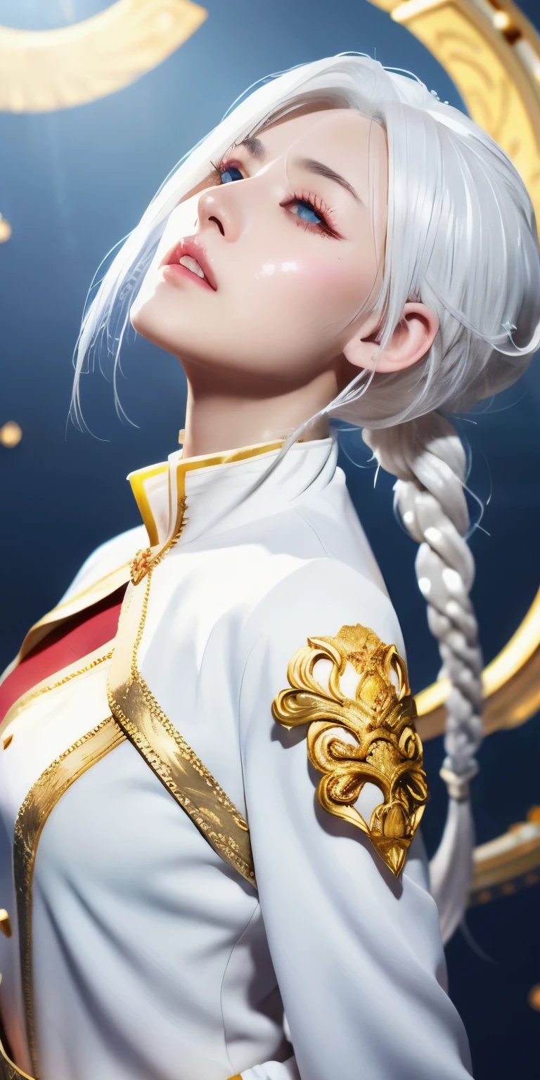 best quality, masterpiece,white hair, gold eyes,white clothes, looking up, upper body,hair strand,Fair skin,side braids, character kagura mobile legends