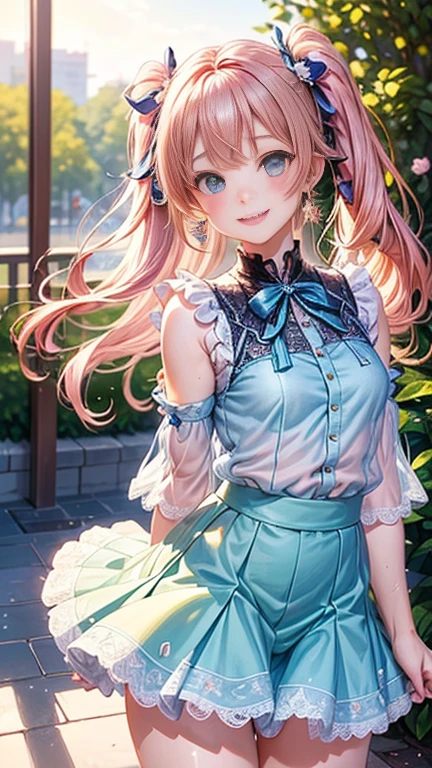 Anime girl with pink hair and a ribbon in her hair, Cute realistic portrait, 、Gweitz, Magical Girl Portrait, Cute Characters, Cute art style, Anime Moe Art Style, MapleStory character art, cute portrait, Cute Anime Girl Portrait, Small person portrait, artwork in the style of Gweitz, Splash Art Anime ,((green、Light blue lace blouse、See-through、See-throughのワンピースの水着、White mini skirt))、Cute Earrings、long hair twin tails、bird、Wind、smile、Embarrassed face、Embarrassing
