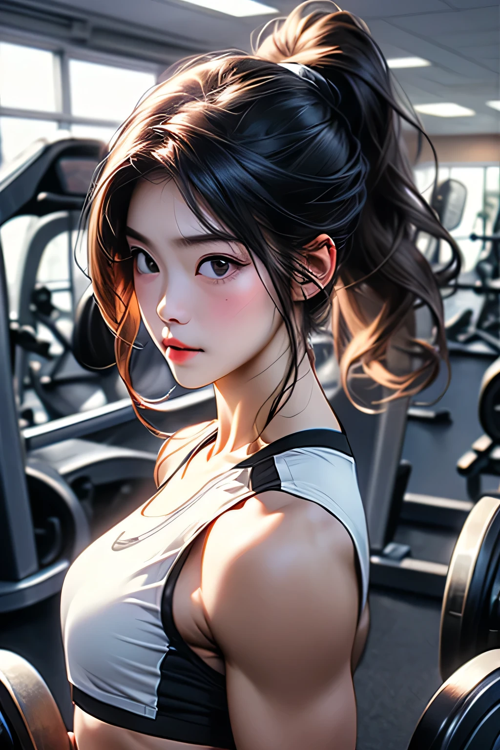 (woman:1.2) (bodybuilder:0.8)、masterpiece、Real、The point of view is this、At the gym、Upper body portrait