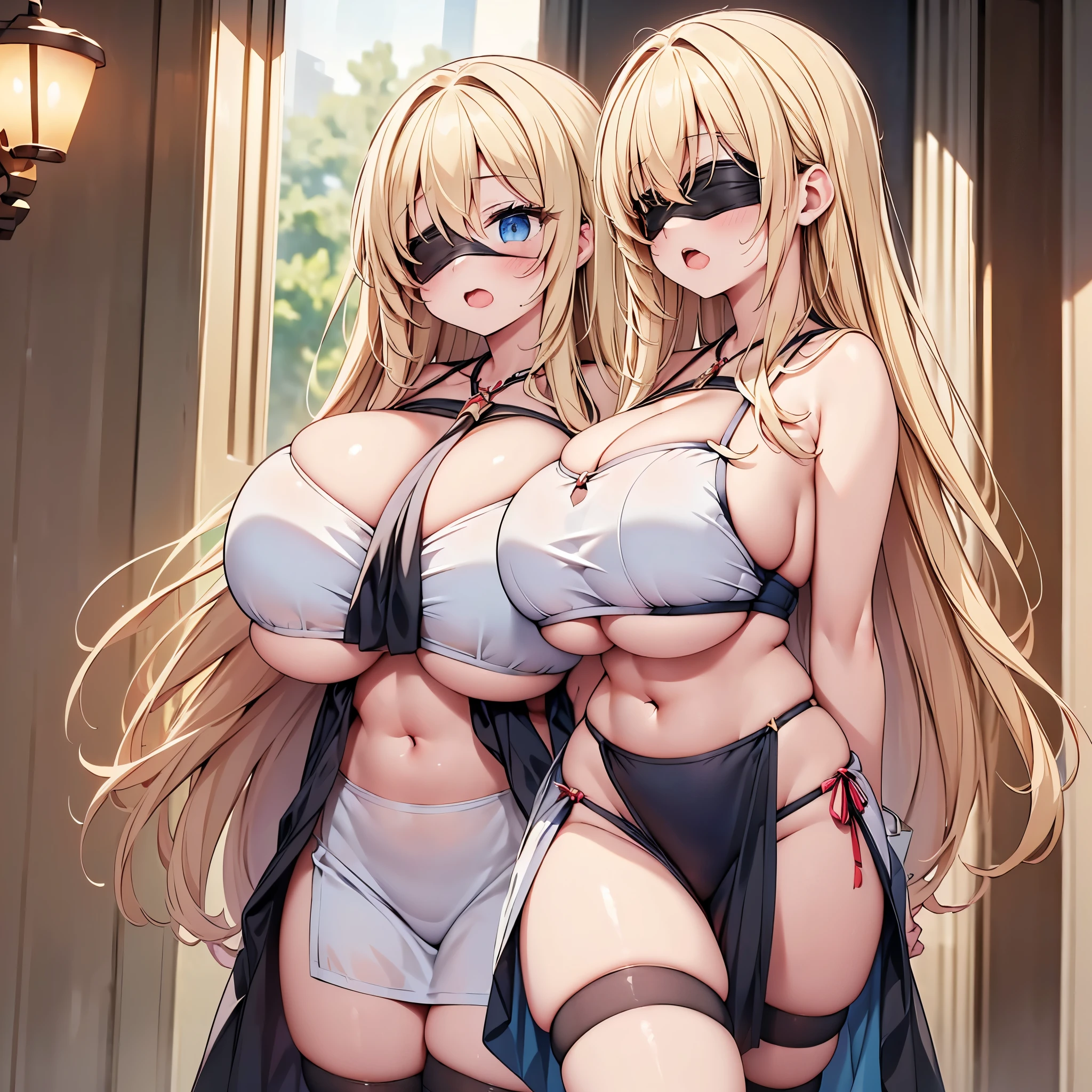 highest quality,wonderful,finely,extremely detailed CG Unity 8K wallpaper, (Stand in line:1.2), (3 girls, blonde, clothed), (huge breasts:1.8), (cleavage cutout:1.4), (Underboob:1.4), (crop top navel:1.4), (open mouth:1.1), (long tongue:1.1), (mouth drool:1.1), (Black knee socks:1.1),(Thighs:1.2),(Waistline:1.2),(black blindfold, blindfold:1.5)