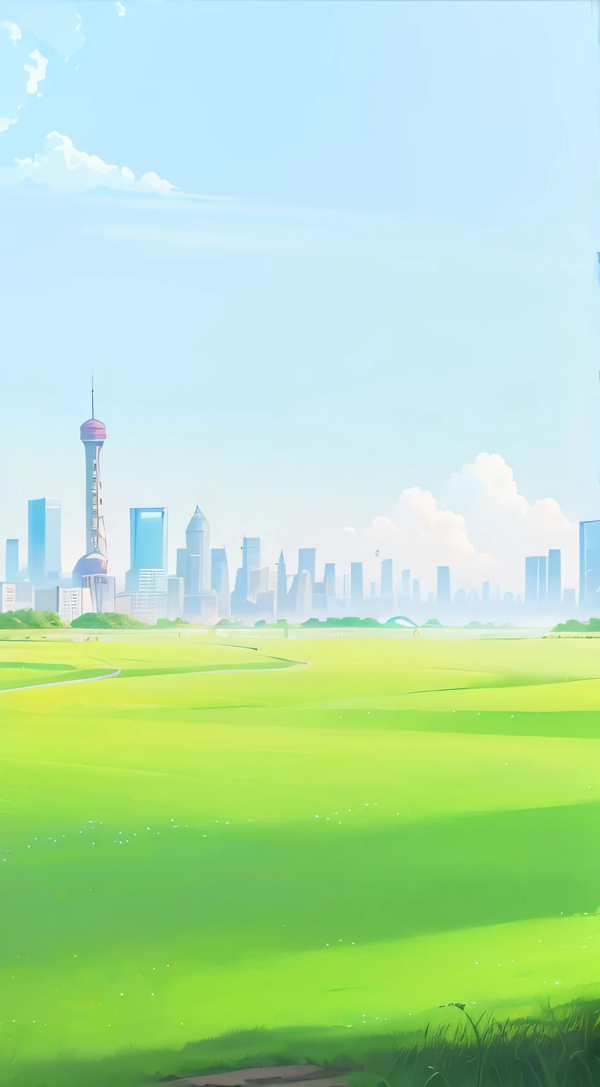Anime style city pictures，View of Shanghai，There are green fields and blue sky, Distant Tree，Daytime city view, Distant Citiesscape, Distant Cities, grass field surrounding the city, Anime Landscape, city View, Beautiful city view, City background, Detailed scenery —width 672, City background, City background, Distant city, background artwork, City background