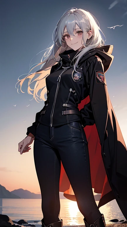 (Confused, High resolution, Very detailed), 1 female, Silver Hair,Long Hair,Reddish brown eyes,boots,Wearing a hood,Navy Long Coat,Black skinny jeans,Black and white pilot suit,,Small breasts,24-years-old,Beautiful woman,Adult female,,thin,quiet,Calm,A small smile,Coast at dawn