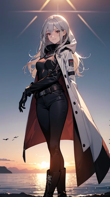 (Confused, High resolution, Very detailed), 1 female, Silver Hair,Long Hair,Reddish brown eyes,boots,Wearing a hood,Navy Long Coat,Black skinny jeans,Black and white pilot suit,,Small breasts,24-years-old,Beautiful woman,Adult female,,thin,quiet,Calm,A small smile,Coast at dawn