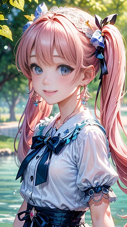 Anime girl with pink hair and a ribbon in her hair, Cute realistic portrait, 、Gweitz, Magical Girl Portrait, Cute Characters, Cute art style, Anime Moe Art Style, MapleStory character art, cute portrait, Cute Anime Girl Portrait, Small person portrait, artwork in the style of Gweitz, Splash Art Anime ,((green、Light blue lace blouse、See-through、See-throughのワンピースの水着、White mini skirt))、Cute Earrings、long hair twin tails、bird、Wind、smile、Embarrassed face、Embarrassing