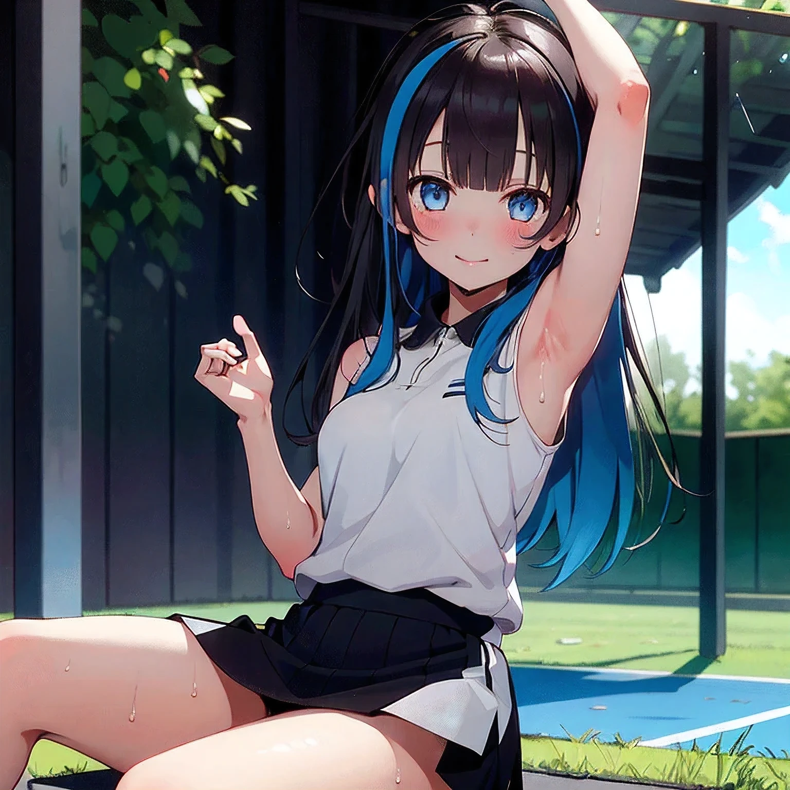 a matter of fact, daytime, sunlight, 1 girl, 8K resolution, blue hair, blue eyes, glowing eyes, white short skirt, Blush, tennis costume, sleeveless shirt, sunlight, Wet from the rain, seethrough, Sit with your knees raised., pussy, Spread your legs, smile, the skirt is lifted up, highest quality, High resolution, highly detailed face, perfect lighting, Very detailed CG, (perfect hands, perfect anatomy), mini yaemori, perfect figure, in love expression, bottomless, armpit, 