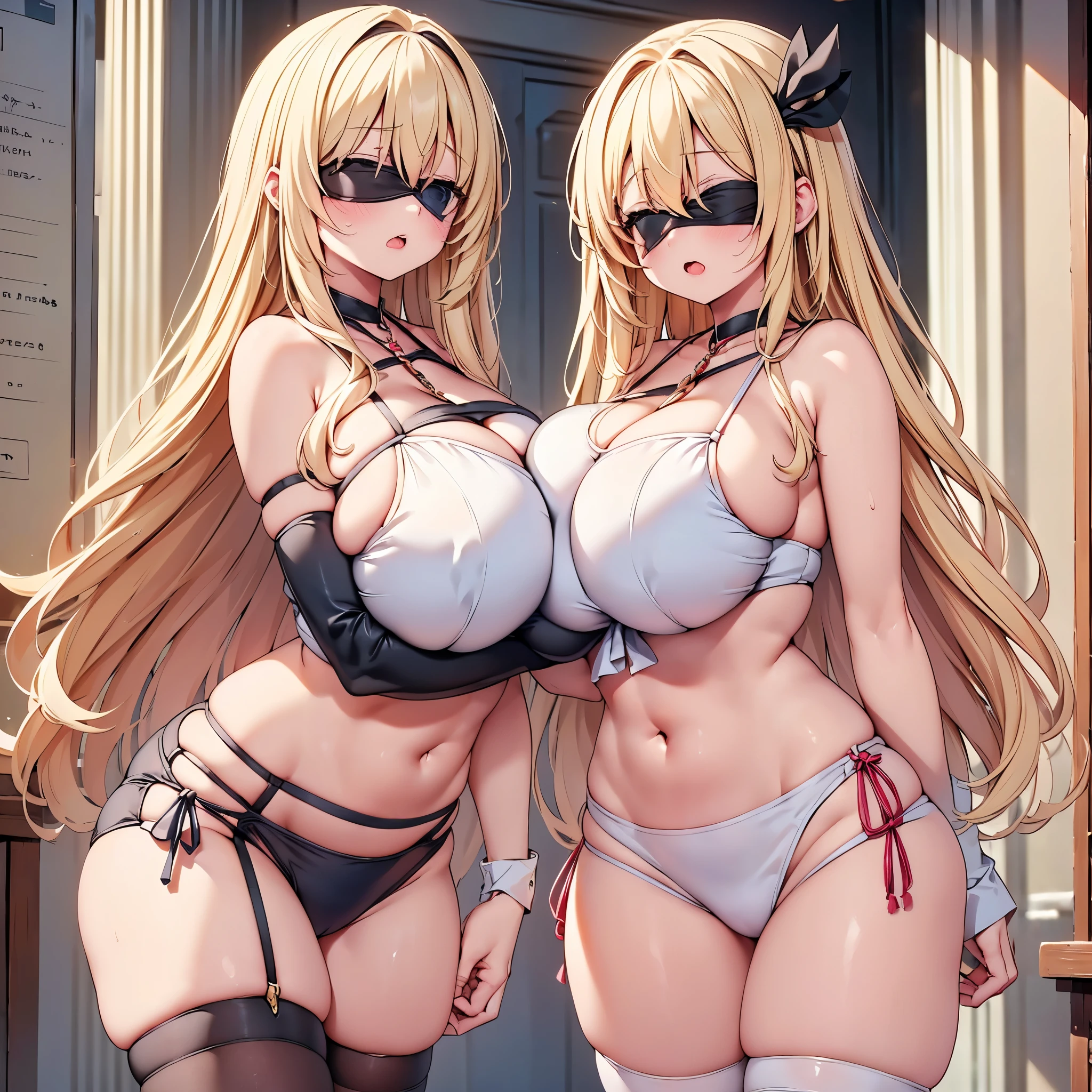 highest quality,wonderful,finely,extremely detailed CG Unity 8K wallpaper, (Stand in line:1.2), (3 girls, blonde, clothed), (huge breasts:1.8), (cleavage cutout:1.4), (Underboob:1.4), (crop top navel:1.4), (open mouth:1.1), (long tongue:1.1), (mouth drool:1.1), (Black knee socks:1.1),(Thighs:1.2),(Waistline:1.2),(black blindfold, blindfold:1.5)