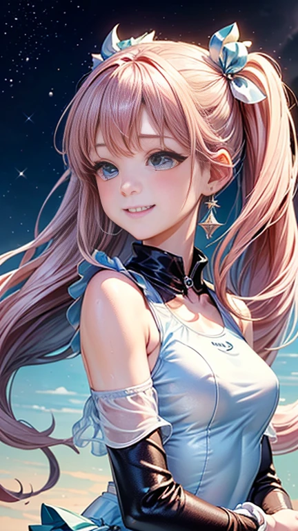 Anime girl with pink hair and a ribbon in her hair, Cute realistic portrait, 、Gweitz, Magical Girl Portrait, Cute Characters, Cute art style, Anime Moe Art Style, MapleStory character art, cute portrait, Cute Anime Girl Portrait, Small person portrait, artwork in the style of Gweitz, Splash Art Anime ,((green、light blue、See-through one-piece swimsuit、White mini skirt))、Cute Earrings、long hair twin tails、bird、Wind、smile、Embarrassed face、Embarrassing