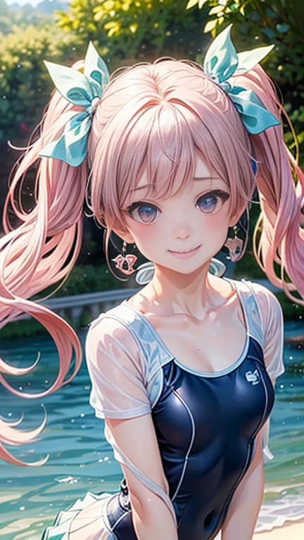 (Highest quality, 8k, 32K, masterpiece, Ultra-high resolution,:1.2),born, One girl,Super cute , Natural light,Clear, shining eyes, 20-year-old ,Fair skin, Pink hair, Twin tails, Bold Swimsuit, Nature