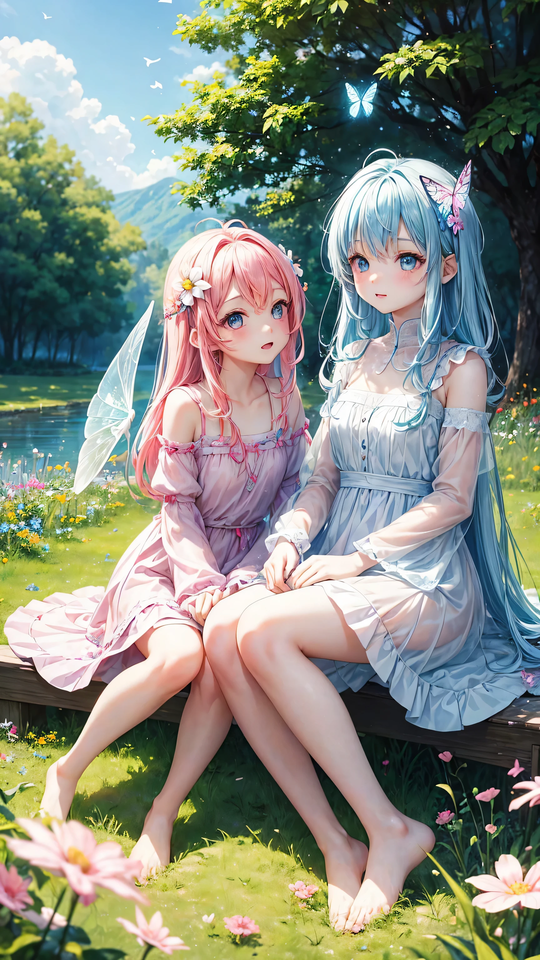 Two pure and innocent girls、、2 people(One with pink hair、1 Name Light Blue Hair)、Cute face、Beautiful Eyes、(Transparent white skin)、Natural beauty、Warm sunshine、Wildflowers swaying in the breeze々Surrounded by、Enjoying time in the fields。Butterflies and birds flutter around her、Creates a playful atmosphere。
