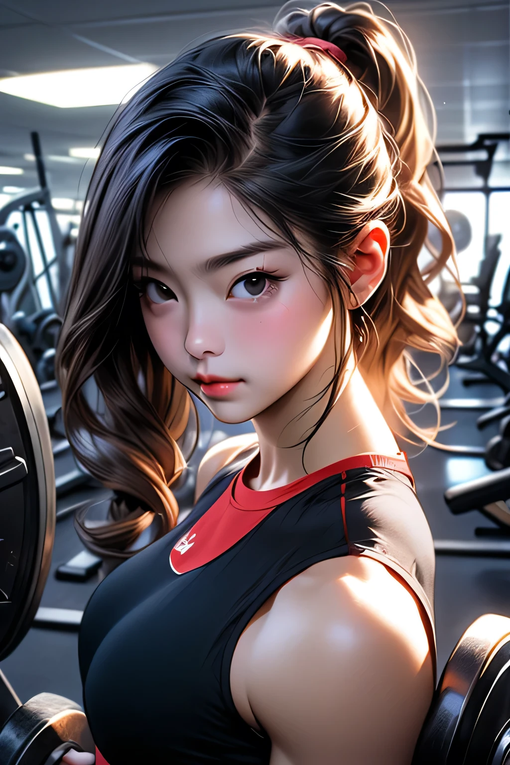 (woman:1.2) (bodybuilder:0.8)、masterpiece、Real、The point of view is this、At the gym、Upper body portrait、masterpiece, 最high quality, high quality, High resolution,