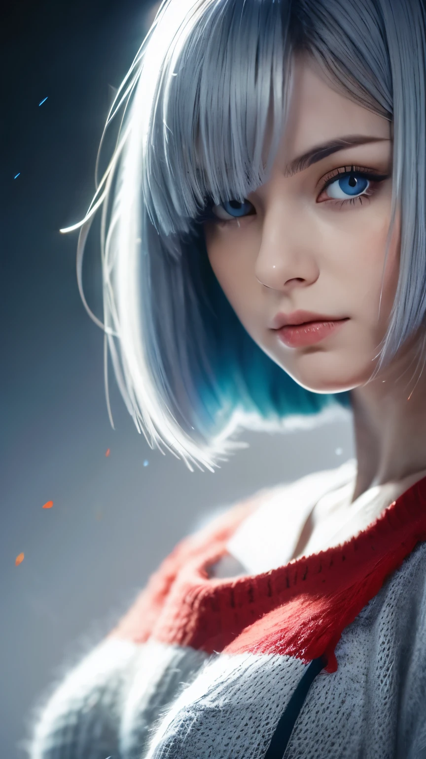 masterpiece,best quality,high resolution,8k,(portrait),(Close-up of the portrait),(RAW photos),real picture,Digital Photography,(Girl wearing),19 year old girl,White hair,By Bangs,(Blue and red gradient hair),((Red Eyes)),Elegant and charming,cleveage,Full breasts,badge,Simple clothing patterns,shut your mouth,Calm and serious,(Police Officer),Photo poses,Practical,Gray World Background,oc render reflection texture,nude