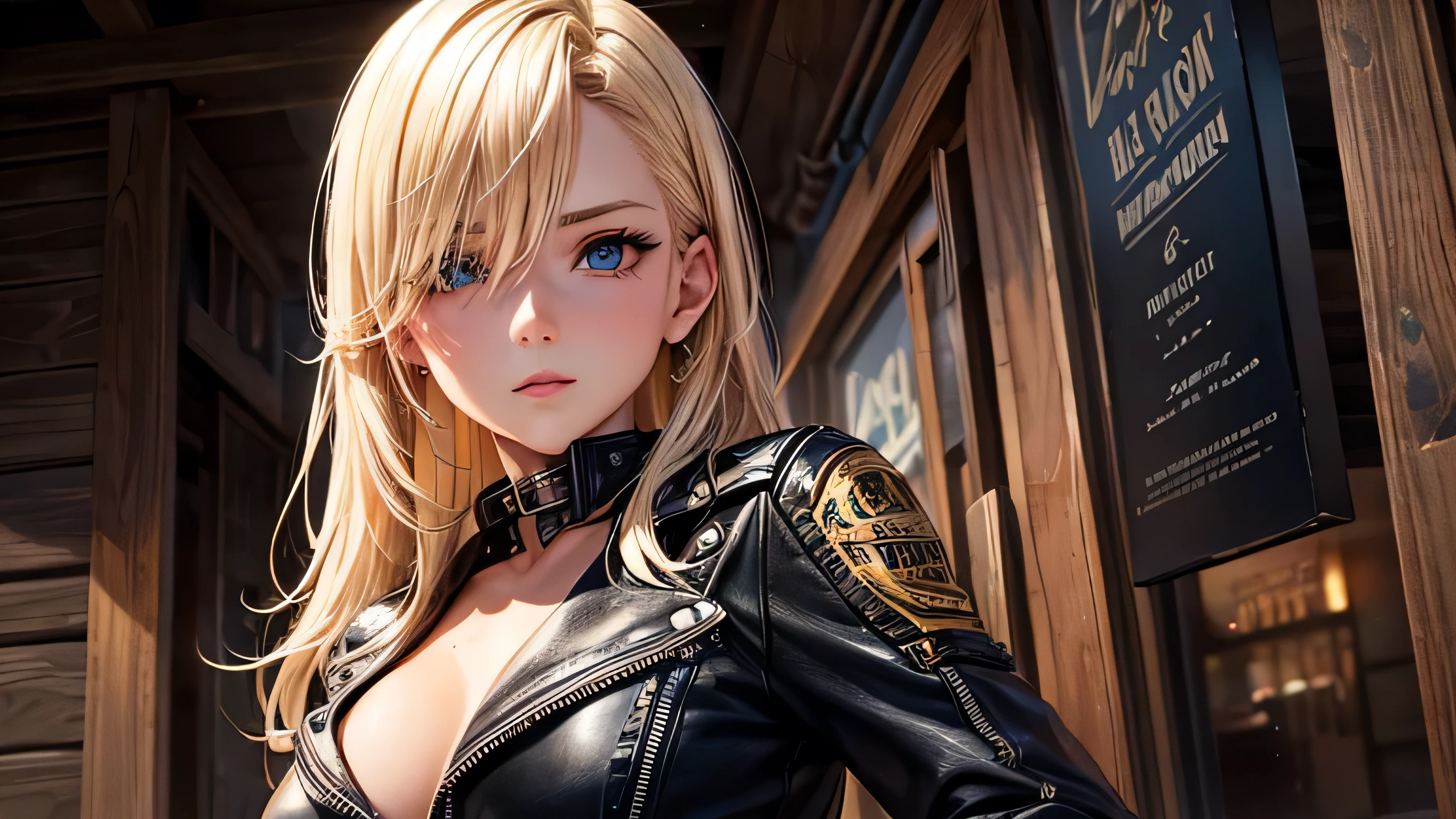 30th Generation One woman Leather jacket Blonde beauty A worn-out bar Bourbon Perfect and detailed facial expression Perfect and detailed eye depiction Perfect and detailed hair Perfectly detailed upper body Perfect and detailed breast depiction
