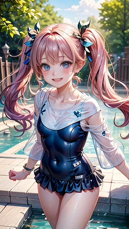 Anime girl with pink hair and a ribbon in her hair, Cute realistic portrait, 、Gweitz, Magical Girl Portrait, Cute Characters, Cute art style, Anime Moe Art Style, MapleStory character art, cute portrait, Cute Anime Girl Portrait, Small person portrait, artwork in the style of Gweitz, Splash Art Anime ,((green、light blue、See-through one-piece swimsuit、Wearing a blouse over her swimsuit、White mini skirt))、Cute Earrings、long hair twin tails、bird、Wind、smile、Embarrassed face、Embarrassing