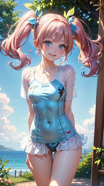 Anime girl with pink hair and a ribbon in her hair, Cute realistic portrait, 、Gweitz, Magical Girl Portrait, Cute Characters, Cute art style, Anime Moe Art Style, MapleStory character art, cute portrait, Cute Anime Girl Portrait, Small person portrait, artwork in the style of Gweitz, Splash Art Anime ,((green、light blue、See-through one-piece swimsuit、Wearing a blouse over her swimsuit、White mini skirt))、Cute Earrings、long hair twin tails、bird、Wind、smile、Embarrassed face、Embarrassing