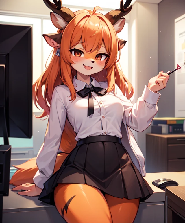 1girl, (anthro furry:1.2), TsunodaCzar, (two-toned fur, orange fur, black eyes, deer ears, horns, snout), (pink blouse, black skirt, smiling), (interior, office), (masterpiece:1.2), hires, ultra-high resolution, 8K, high quality, (sharp focus:1.2), clean, crisp, cinematic,、lure、belly button、Blushing、Ahegao