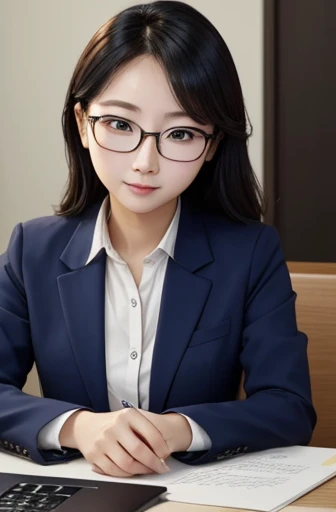 woman、30 years old、ＯＬ、Makes eye contact、The expression is a straight face、Working、Computer work、high quality、Gentle expression、A sneak peek、Bright colors、High saturation、In a suit、Beauty、Glasses、No physical contradictions、Sideways glance、A sneak peek、See only the face here、