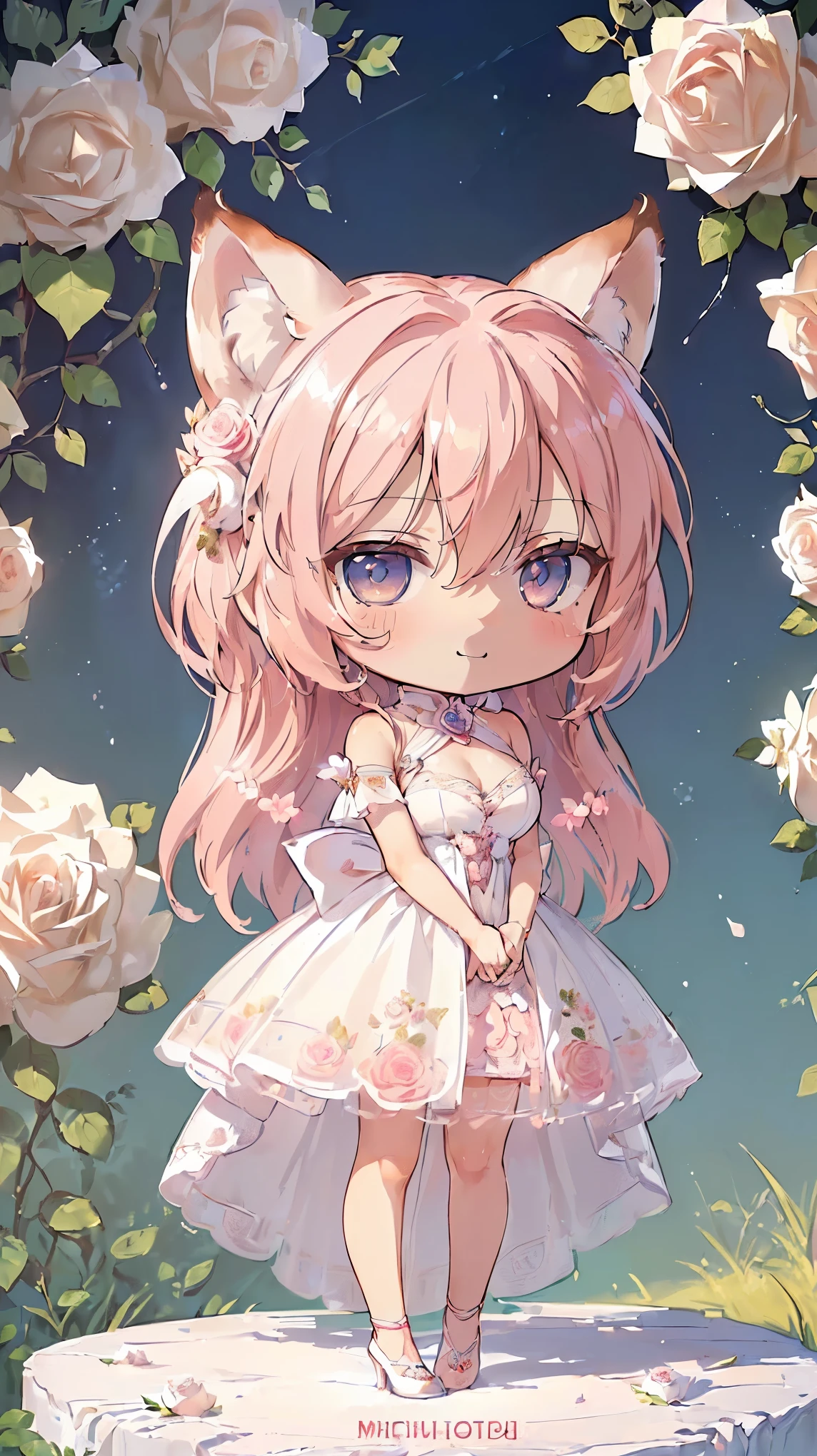 (((Masterpiece))), (((Highest quality))), ((Ultra-detailed)), ((Super fine illustration)), ((Ultra-fine painting)), (16K highest quality wallpaper:1.4), (Chibi:2.0), (Full body:1.4), (Highly detailed and delicate illustration style:1.8), Detailed skin texture, Detailed cloth texture, Detailed rose flower texture, Extreme detailed description, (T-masterpiece), (Highly detailed face:1.4), Original, RAW photo, Professional, Intricate details, Super details, Direct light:1.6, (Perfect ???????:1.4), (Highly detailed hands:1.2), (Highly detailed fingers:1.2), (Highly detailed fingertips:1.2), (27-years-old), Real, (Solo:1.6), ((A very beautiful and attractive fox fashion model:1.4))
BRAKE
(Beautiful and adorable fox ears:1.6), (Highly detailed and delicate fox ears:1.4), (Beautiful and well-shaped ???????????:1.2), (Beautiful and well-shaped ????????), (Beautiful and shiny golden brown hair:1.6), (Highly detailed and delicate golden brown hair:1.4), (Beautiful clear blue eyes that shine with great detail:1.6), (Highly detailed and delicate blue eyes:1.2), (Highly detailed face:1.4), (Smile:1.4), (Looking at viewer:1.4), (Standing:1.4), (Celebration:1.4)
BRAKE
((A beautiful and gorgeous princess dress that is detailed and delicate to be worn at celebratory occasions:1.4))
BRAKE
((Holding in both hands a large bouquet of highly detailed and delicate ((white and pink roses)):1.3))
BRAKE
(Just after noon:1.4), (Celebration:1.4), ((Highly detailed and delicate white rose flower and pink rose flower garden background:1.4)), (Highly detailed and delicate royal palace courtyard background in just after noon in spring:1.4) BRAKE 