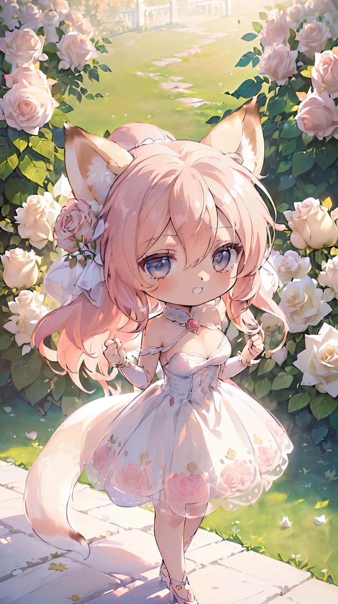 (((Masterpiece))), (((Highest quality))), ((Ultra-detailed)), ((Super fine illustration)), ((Ultra-fine painting)), (16K highest quality wallpaper:1.4), (Chibi:2.0), (Full body:1.4), (Highly detailed and delicate illustration style:1.8), Detailed skin texture, Detailed cloth texture, Detailed rose flower texture, Extreme detailed description, (T-masterpiece), (Highly detailed face:1.4), Original, RAW photo, Professional, Intricate details, Super details, Direct light:1.6, (Perfect anatomy:1.4), (Highly detailed hands:1.2), (Highly detailed fingers:1.2), (Highly detailed fingertips:1.2), (27-years-old), Real, (Solo:1.6), ((A very beautiful and attractive fox fashion model:1.4))
BRAKE
(Beautiful and adorable fox ears:1.6), (Highly detailed and delicate fox ears:1.4), (Beautiful and well-shaped big breasts:1.2), (Beautiful and well-shaped buttocks), (Beautiful and shiny golden brown hair:1.6), (Highly detailed and delicate golden brown hair:1.4), (Beautiful clear blue eyes that shine with great detail:1.6), (Highly detailed and delicate blue eyes:1.2), (Highly detailed face:1.4), (Smile:1.4), (Looking at viewer:1.4), (Standing:1.4), (Celebration:1.4)
BRAKE
((A beautiful and gorgeous princess dress that is detailed and delicate to be worn at celebratory occasions:1.4))
BRAKE
((Holding in both hands a large bouquet of highly detailed and delicate ((white and pink roses)):1.3))
BRAKE
(Just after noon:1.4), (Celebration:1.4), ((Highly detailed and delicate white rose flower and pink rose flower garden background:1.4)), (Highly detailed and delicate royal palace courtyard background in just after noon in spring:1.4) BRAKE