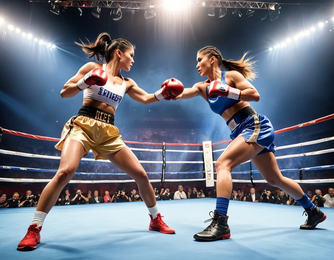 A high-stakes championship boxing match between a muscular Asian male professional boxer and a fit Hispanic female professional boxer. They are in a traditional boxing ring that's lit brightly with spectators cheering from all sides. The atmosphere is filled with electrifying energy. They are both defending their unified championship belts. Everyone's attention is captivated by their skilled movements and precision strikes. The image embodies the spirit of competition and gender equality in sport, shedding light on the significant progress made in inclusion and diversity, where both genders contend equally in traditionally male-dominated fields.