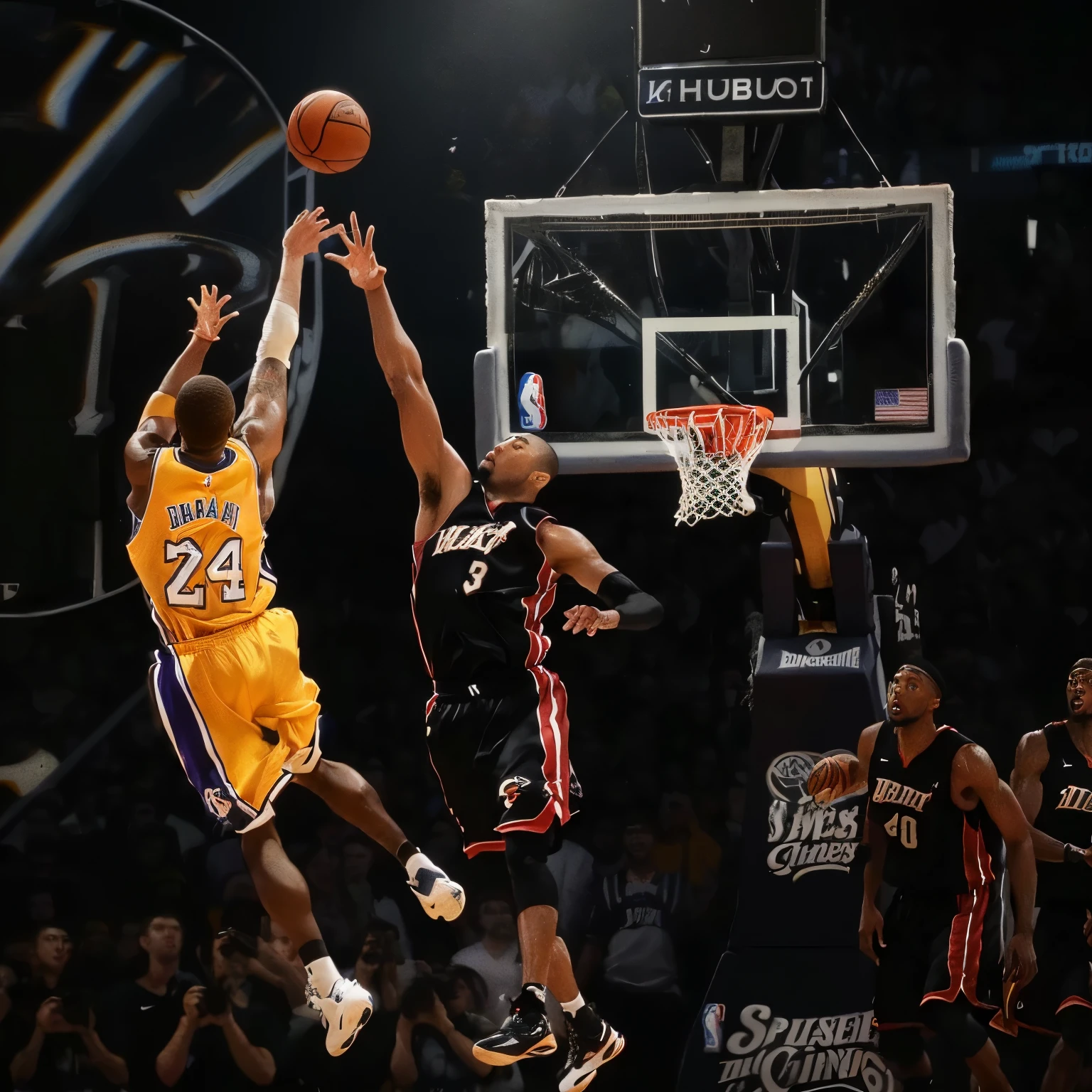 basketball players in action during a game in a stadium, posterized, kobe bryant, the nba finals, breathtaking shot, award winning shot, rule of third!!!!, jordan lamarre - wan, nba finals, award - winning shot, award-winning shot, sports photography, dunking, amazing shot, scence of slam dunk, perfect shot, masterful composition!!!