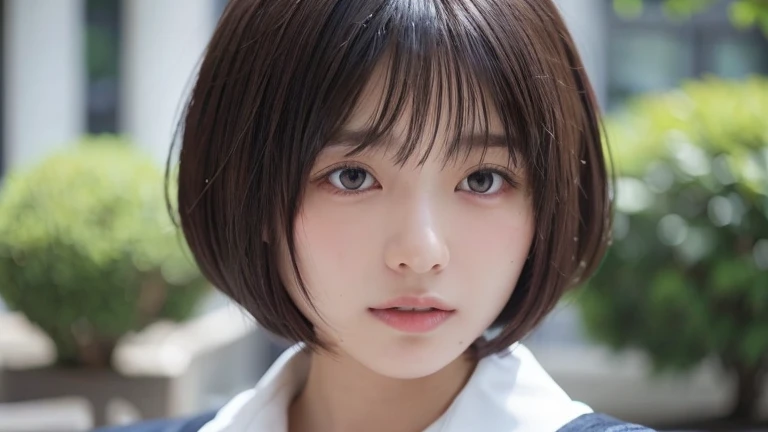 (Bob Cut Hair:1.2),(Wearing black school uniform:1.2),1 girl,Japanese,21 years old,(Small breasts:1.3),(highest quality,masterpiece:1.3,超A high resolution,),(Ultra-detailed,Caustics),(Photorealistic:1.4,RAW shooting,)Ultra-Realistic Capture,Very detailed,High resolution 16K human skin close-up。 Natural skin texture、,Pores、、It needs to be detailed enough to be easily identifiable。 Skin should be even-toned and healthy looking。 Use natural light and colour, Sad expression, Looking at the camera, Perfect dynamic composition, Outdoor