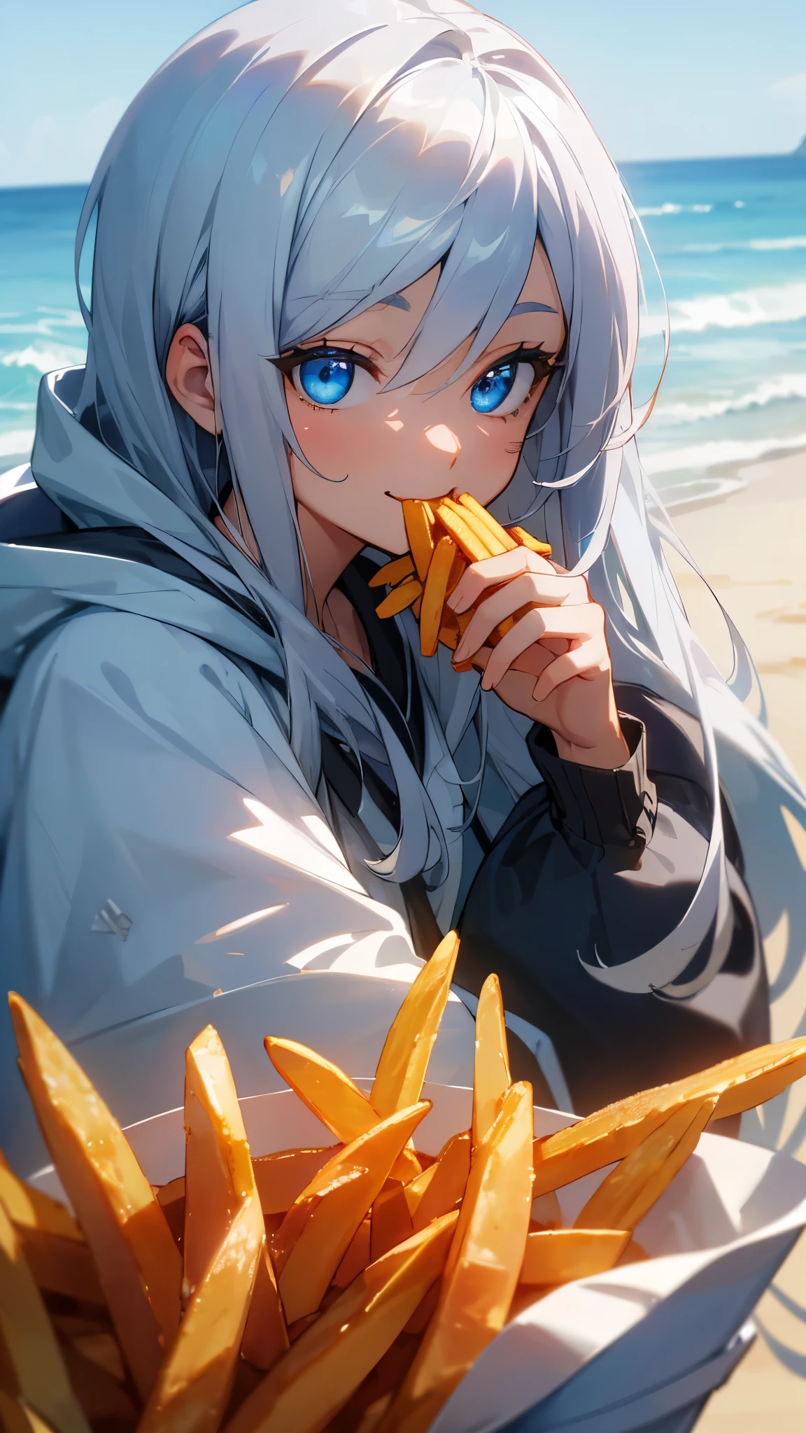 (highest quality, Dynamic Lighting, Very detailed, High resolution)、Silver Hair、Long Hair、Beautiful blue eyes、smile、hoodie、From the side、Eating French Fries、Upper body close-up、Beach Background.