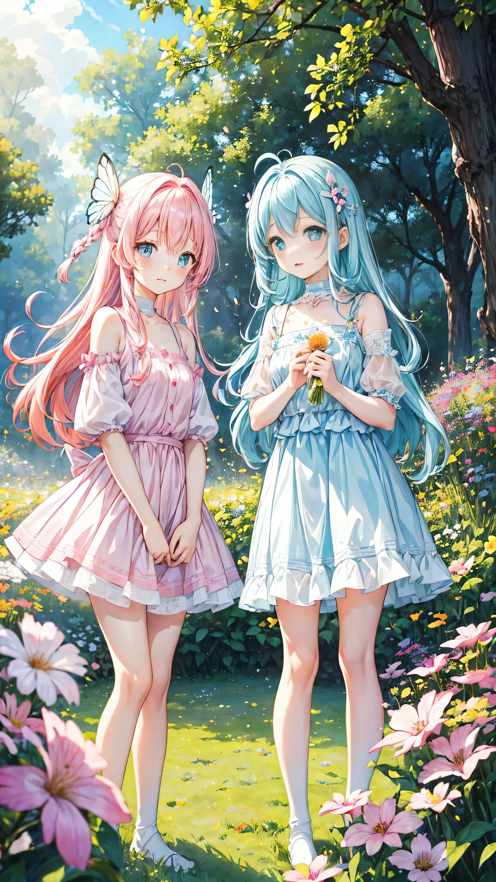 Two pure and innocent girls、10 years old、2 people(One with pink hair、1 Name Light Blue Hair)、Cute face、Beautiful Eyes、(Transparent white skin)、Natural beauty、Warm sunshine、Wildflowers swaying in the breeze々Surrounded by、Enjoying time in the fields。Butterflies and birds flutter around her、Creates a playful atmosphere。