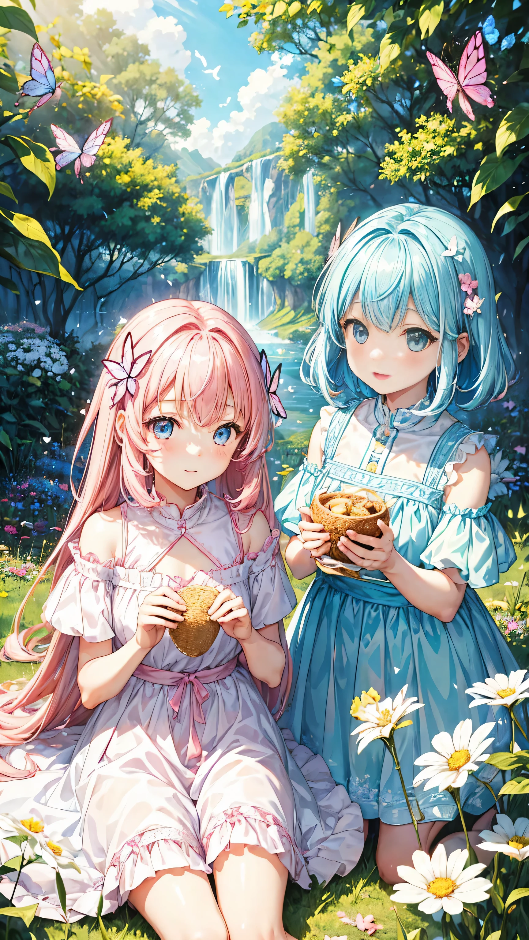 Two pure and innocent girls、10 years old、2 people(One with pink hair、1 Name Light Blue Hair)、Cute face、Beautiful Eyes、（Transparent white skin）、Natural beauty、Warm sunshine、Wildflowers swaying in the breeze々Surrounded by、Enjoying time in the fields。Butterflies and birds flutter around her、Creates a playful atmosphere。