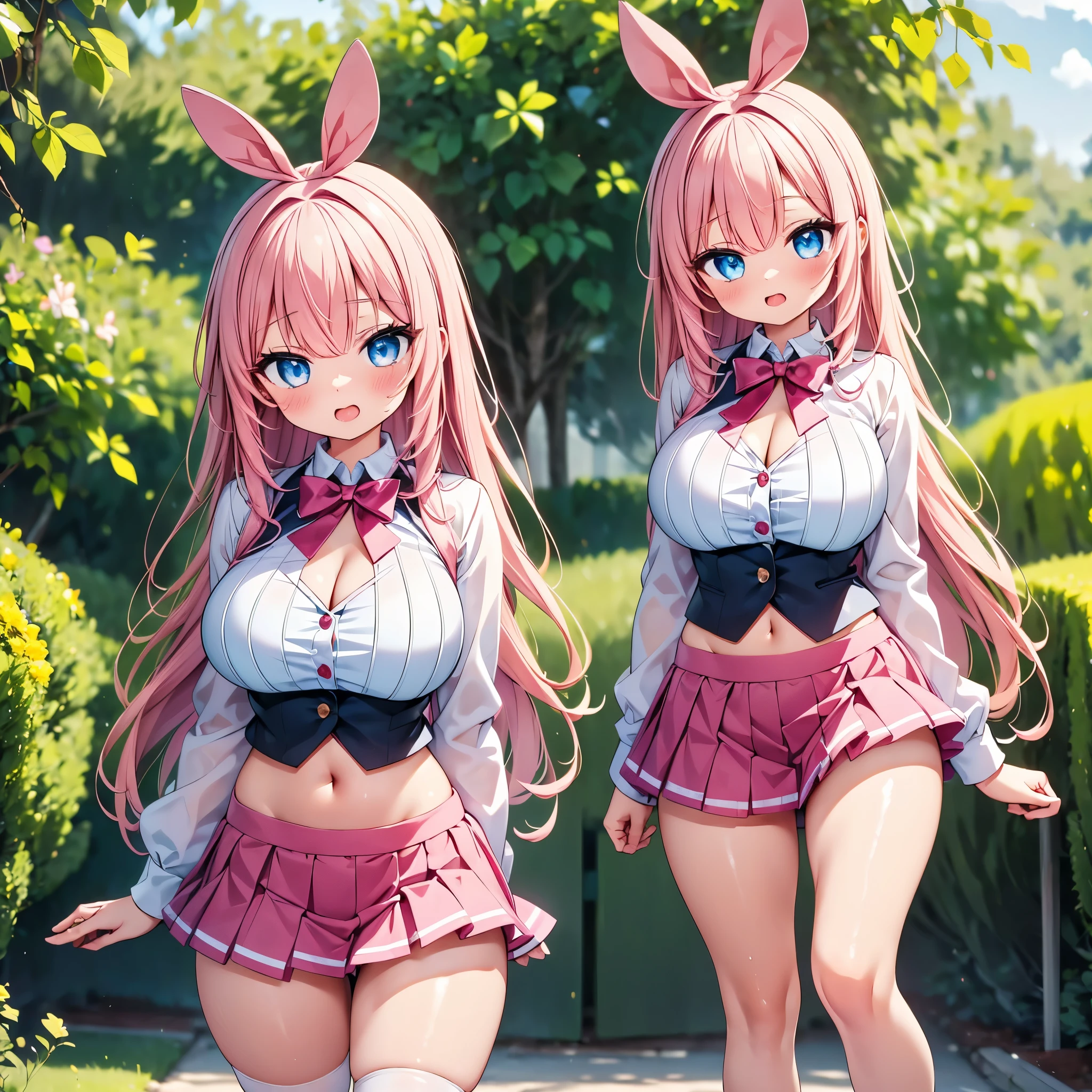 (cute eyes:1.2), (sparkling eyes:1.2), highest quality,wonderful,finely,extremely detailed CG Unity 8K wallpaper, (girl, cute eyes, Pink Hair, clothed), (magical pink girl outfit,frill mini skirt:1.1), (cleavage cutout), (huge breasts:1.2), (open mouth:1.1), (long tongue:1.1), (mouth drool:1.1), (Black knee socks:1.1),(Thighs:1.2),(Waistline:1.2),(midriff peek:1.2)