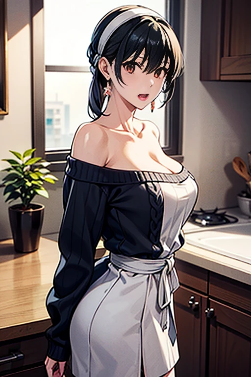 masterpiece, yor, 1girl, Amazing Cleavage:1.3, thin waist, big ass, Raised sexy, medium breast: 1.8 posed cleavage:1.2、solo, looking at viewer, open mouth, have a cup of orange juce,black hair, red eyes, dress, bare shoulders, jewelry, collarbone, sidelocks, hairband, earrings, indoors, off shoulder, :o, sweater, arms behind back, plant, short hair with long locks, white hairband, off-shoulder dress, sweater dress, off-shoulder sweater, red sweater, big side hair, very long side hair,is rendered in (masterpiece: 1.2, best quality), with (ultra high resolution) and an exquisite (depth of field). This masterpiece is not only visually stunning but also tells, make of cake cooking ,in the kitchen