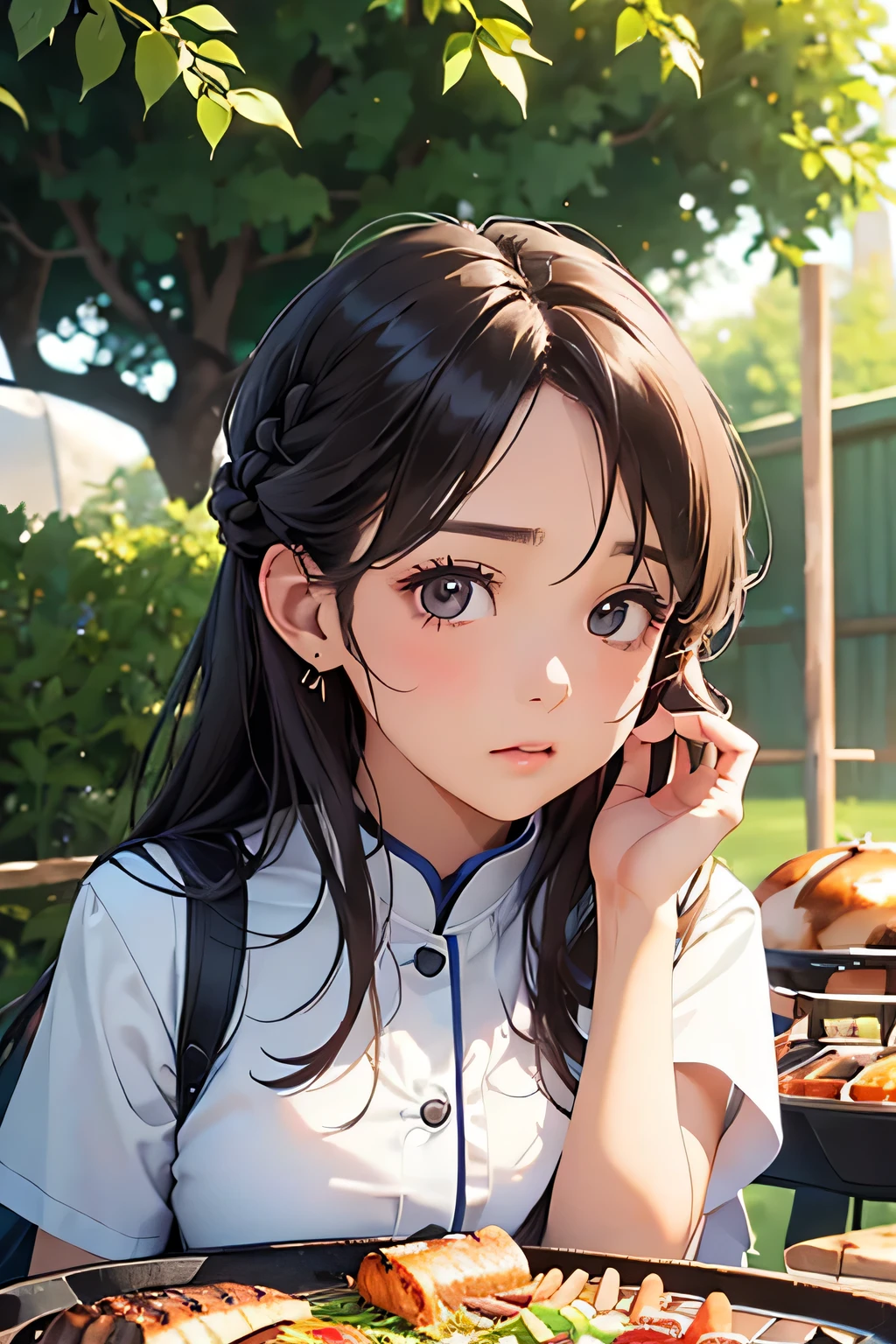 highest quality、High resolution、Detailed Background、(Beautiful face in every detail:1.4)、Anatomically correct、(Draw the usual number of fingers:1.2)、(Detailed facial expressions)、(Detailed eyes:1.2)、(Detailed eyes:1.2)、Beautiful, smooth skin、Teenage beauty、(Three Women:1.3)、Huge breasts、(Highly detailed face:1.4)、Brown Hair、Black Hair、cute hair color、ponytail、Bobcut、Braided long hair、Wavy Hairstyle、well-groomed eyebrows、Perfect body line、Barbecue Spot、Outdoor cooking area、Cowboy Shot、

(Two women having a good time at a Barbecue Spot:1.5)、

You can enjoy a barbecue with your family and friends.、
Bring your own food and grill and enjoy outdoor cooking.、
Using cute tablecloths and coasters on the table and using cute colored crockery and cutlery will make the barbecue even more fun.、
We also recommend decorating your table with flowers and greenery.、(Cute clothes with minimal exposure:1.2)、cute