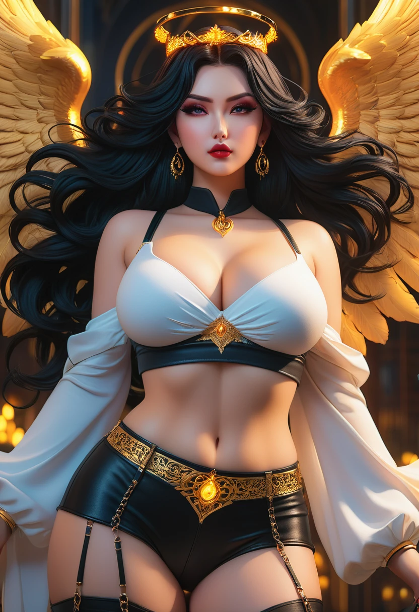 In a mesmerizingly portrayal, thick women busty, a glam-goth goddess angel her Age 28, clean skin,pretty hair, midriff club wear, trending on cgsociety, epic, trending on artstation, highly detailed, vibrant, production cinematic character render, ultra-high-quality model, golden ratio manhwa, manhua, background mysterious, does not produce same pose when remixed.