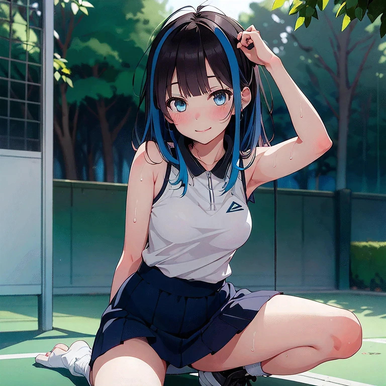 a matter of fact, daytime, sunlight, 1 girl, 8K resolution, blue hair, blue eyes, glowing eyes, white short skirt, Blush, tennis costume, sleeveless shirt, sunlight, Wet from the rain, seethrough, Sit with your knees raised., pussy, Spread your legs slightly., smile, the skirt is lifted up, highest quality, High resolution, highly detailed face, perfect lighting, Very detailed CG, (perfect hands, perfect anatomy), mini yaemori, perfect figure, in love expression, bottomless, armpit, Thao Waist,