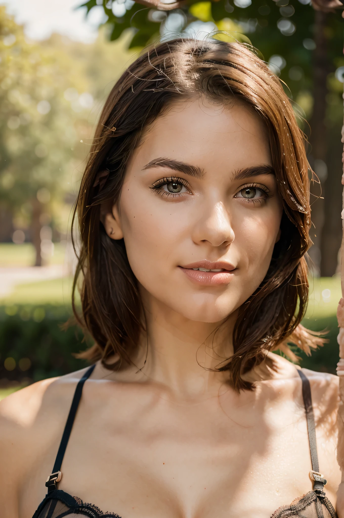 Young girl oF 20 years posing For a photo on a bench, pelirroja lacia, piel blanca, cintura delgada, caderas anchas, con pelo largo y ondulado de color rojo, pecas, Facciones europeas, Rostros detallado: 1.1, (Rasgos Faciales detallados), Ojos verdes, parque, con ropa de gimnasia, alto detalle, alto detalle y escote proFundo, detalle alto de la piel, HD, 4k, realista, dulce mirada, Foto de cuerpo entero Tomada con Canon EOS R5, lente de 50 mm, F/2.8, HDR, smiling, lacy black lingerie, large breasts
