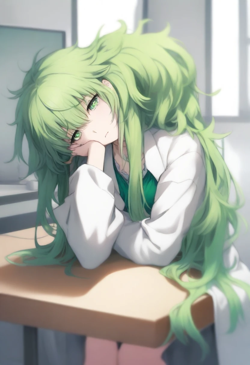 masterpiece, best quality, 1girl, , green eyes, beautiful eyes, tired expression, very long hair, messy hair, green hair, fringes, lab coat, (a blouse under a lab coat:1,25), oversized blouse, (white and green blouse:1,5), sitting at a desk, leaning on her elbows, lab in the backgroundm, Steins;Gate