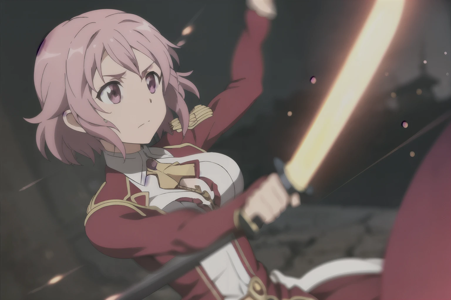 Lisbeth, One girl, Holding a sword, Dungeons, dark, Combat Armor Actions, Wind, Blurred, Motion Lines, Huge Weapons, Purple Light, Glowing Weapons,