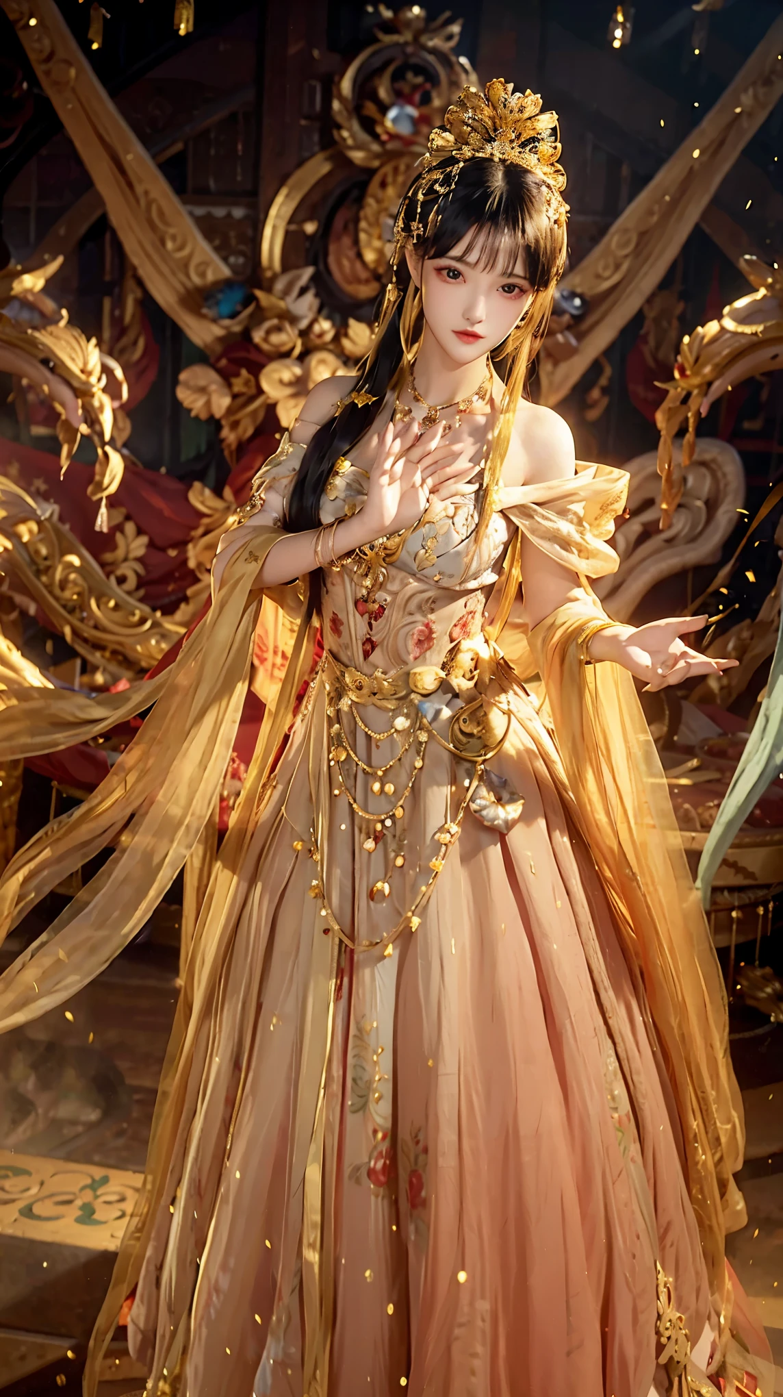 ((best quality)), ((masterpiece)), (detailed), perfect face, pretty face, beautiful female, beautiful body, female, expensive dress, gold dress, party drroyal dress, golden crown, golden accessories, royal mistress, pontraight hair, perfect body, blushing