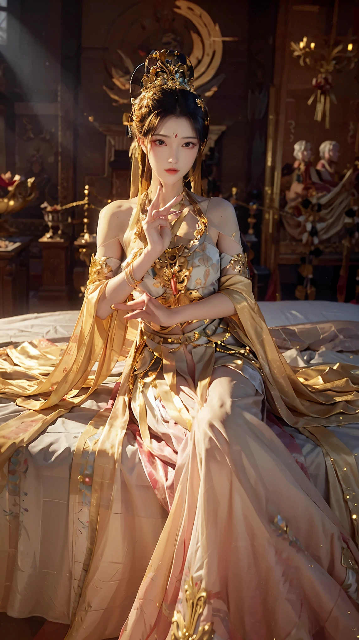 ((best quality)), ((masterpiece)), (detailed), perfect face, pretty face, beautiful female, beautiful body, teenager female, expensive dress, gold dress, party dress, royal dress, golden crown, golden accessories, royal mistress, ponytail, straight hair, perfect body, blushing, lay on the bed