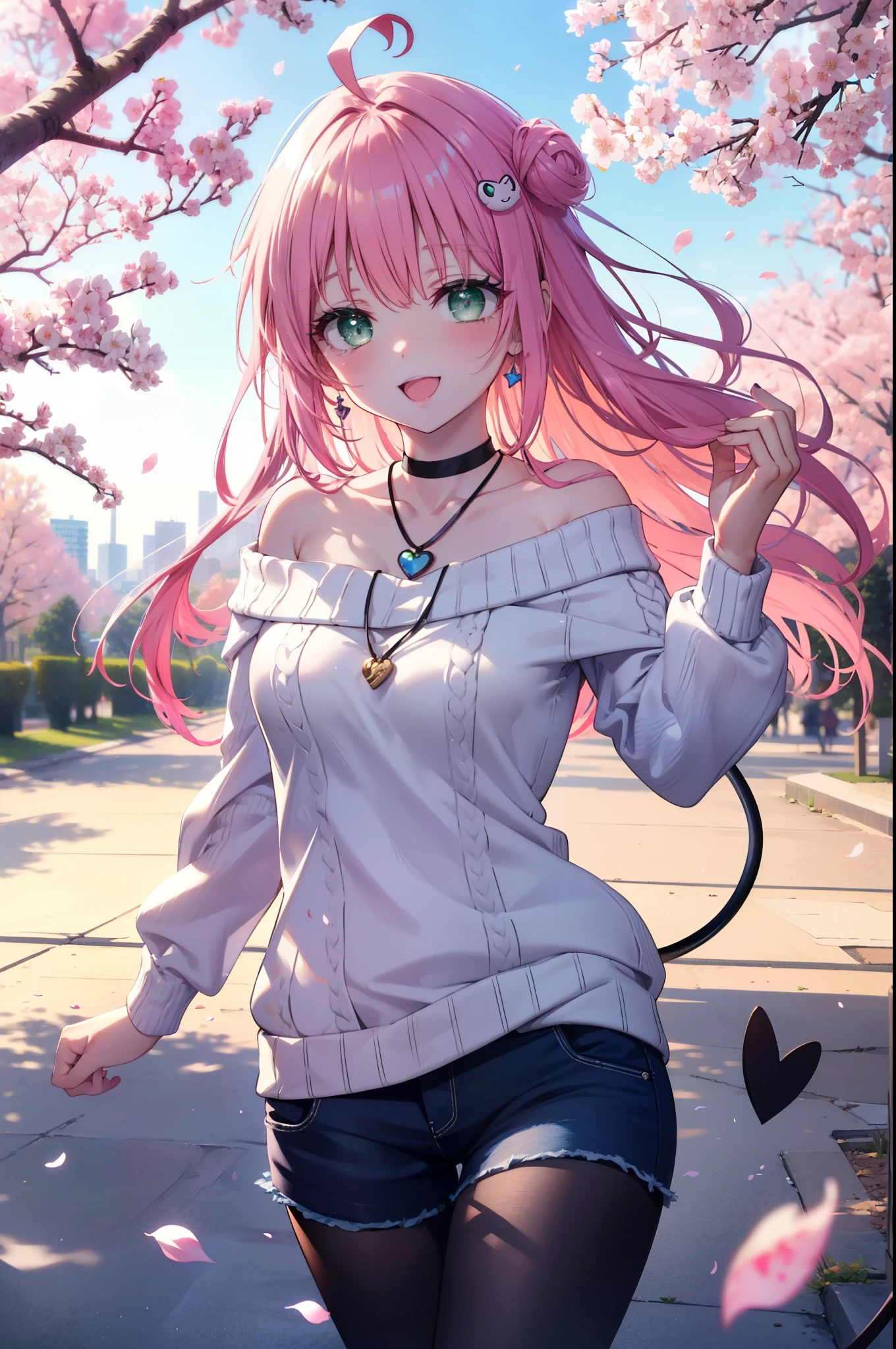 Lara Deviluke, Lara Deviluke, Long Hair, Pink Hair, tail, Ahoge, bangs, hair ornaments, (Green Eyes:1.5), happy smile, smile, Open your mouth,demon tail,Off-the-shoulder sweater,Exposing shoulders,bare clavicle,Bare neck,Heart Pendant,Shorts,Black Pantyhose,short boots,Cherry blossoms are blooming,Cherry blossoms are scattered,Cherry blossom tree-lined path,Daytime,Clear skies,
break outdoors, city,ビル街
break looking at viewer, (Cowboy Shot:1. 5)
break (masterpiece:1.2), highest quality, High resolution, unity 8k w全てpaper, (shape:0.8), (beautiful detailed eyes:1.6), extremely detailed face, Perfect lighting, extremely detailed CG, (Perfect hands, Perfect Anatomy),