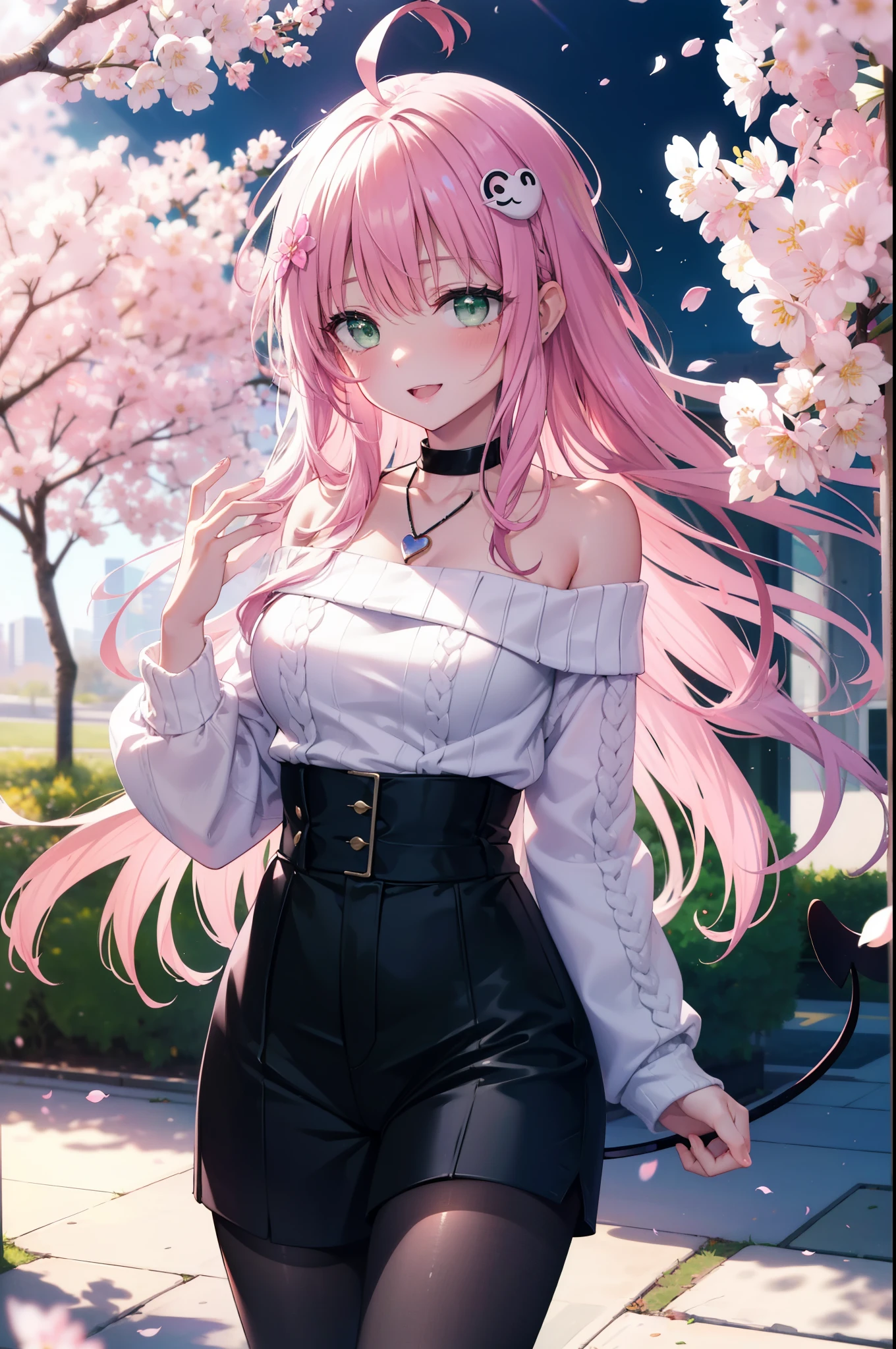 Lara Deviluke, Lara Deviluke, Long Hair, Pink Hair, tail, Ahoge, bangs, hair ornaments, (Green Eyes:1.5), happy smile, smile, Open your mouth,demon tail,Off-the-shoulder sweater,Exposing shoulders,bare clavicle,Bare neck,Heart Pendant,Shorts,Black Pantyhose,short boots,Cherry blossoms are blooming,Cherry blossoms are scattered,Cherry blossom tree-lined path,Daytime,Clear skies,
break outdoors, city,ビル街
break looking at viewer, (Cowboy Shot:1. 5)
break (masterpiece:1.2), highest quality, High resolution, unity 8k w全てpaper, (shape:0.8), (beautiful detailed eyes:1.6), extremely detailed face, Perfect lighting, extremely detailed CG, (Perfect hands, Perfect Anatomy),