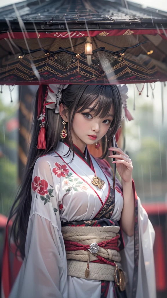 (Mysterious:1.3, 16k, highest quality, masterpiece, Ultra-high resolution), ((rain, From below)), Perfect dynamic composition:1.2, Very detailedな肌と顔の質感:1.2, Professional camera work:1.1, Mysterious肖像画:1.1, Cinematic Light:1.1, Very detailed, (wonderful, tradition, Majestic), rainに濡れたスリムな女神, Incredibly slim body, Fair skin, Sexy beauty, Very beautiful face, Totally captivates you, (Big Dragon:1.0, Japanese Shrine Maiden Costume:1.0), (Shapely breasts, Chest gap), (Big eyes that exude beautiful eroticism, Lips that exude beautiful eroticism), Cowboy Shot, Calm pose, necklace, Earrings, bracelet, wonderful背景