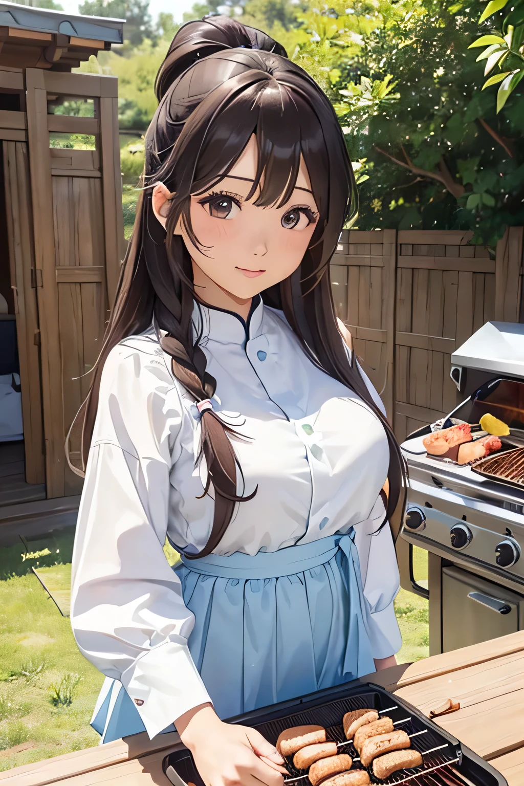 highest quality、High resolution、Detailed Background、(Beautiful face in every detail:1.4)、Anatomically correct、(Draw the usual number of fingers:1.2)、(Detailed facial expressions)、(Detailed eyes:1.2)、(Detailed eyes:1.2)、Beautiful, smooth skin、age beauty、(Three Women:1.3)、Huge breasts、(Highly detailed face:1.4)、Brown Hair、Black Hair、cute hair color、ponytail、Bobcut、Braided long hair、Wavy Hairstyle、well-groomed eyebrows、Perfect body line、Barbecue Spot、Outdoor cooking area、Cowboy Shot、
(Two women having a good time at a Barbecue Spot:1.5)、
You can enjoy a barbecue with your family and friends.、
Bring your own food and grill and enjoy outdoor cooking.、
Using cute tablecloths and coasters on the table and using cute colored crockery and cutlery will make the barbecue even more fun.、
We also recommend decorating your table with flowers and greenery.、(Cute clothes with minimal exposure:1.2)、cute
