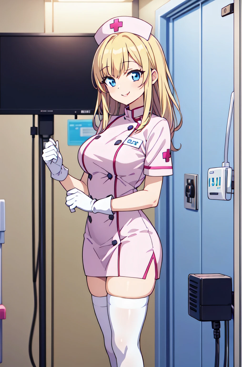 1woman, solo, nurse, white nurse cap, white nurse uniform, ((white legwear, zettai ryouiki)), white gloves, blonde hair, blue eyes, pink lips, smile, standing, ((hospital room)), sharp outline, short sleeves, mature female, 35 years old, best quality, masterpiece