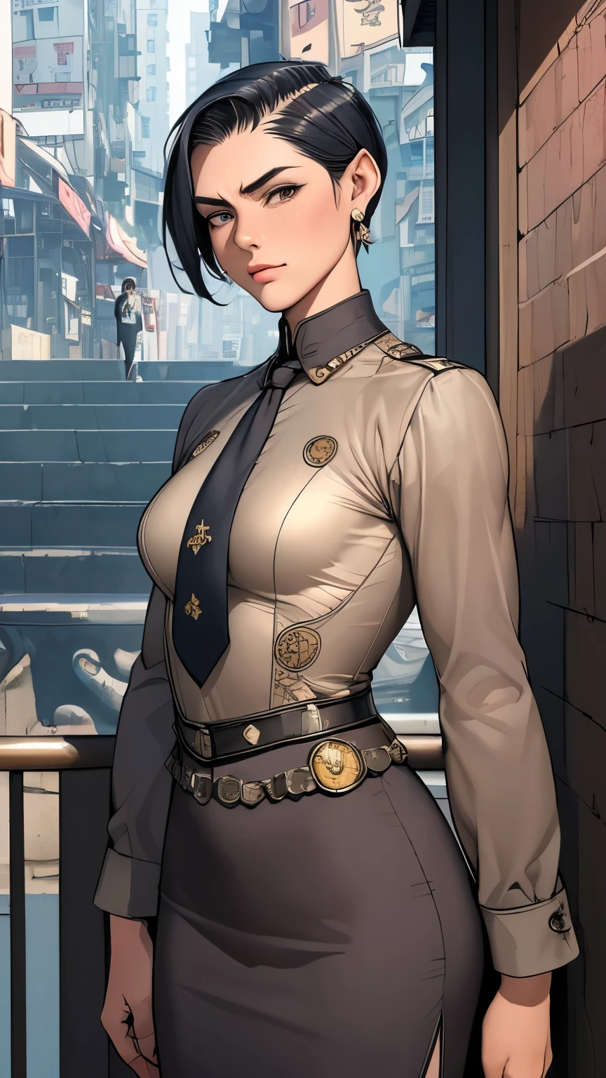 (masterpiece:1.3), (disorganized:1.3), (highest quality:1.3),perfect anatomy,detailed face,Steam punk, victorian era,Hong kong,horizontal angle,hands,looking at viewer, (Super detailed:1.3),(best shadow:0.7), solo,1 middle aged woman,saggy breast,(treated hair), angled bob cut,fine eyes, beautiful eyes, 1 middle aged woman, navy officer,alone, standing, crystal earrings,closed_mouth, arm_behind_return, (naval uniform,pencil skirt,tie), rest outdoors, cowboy shot