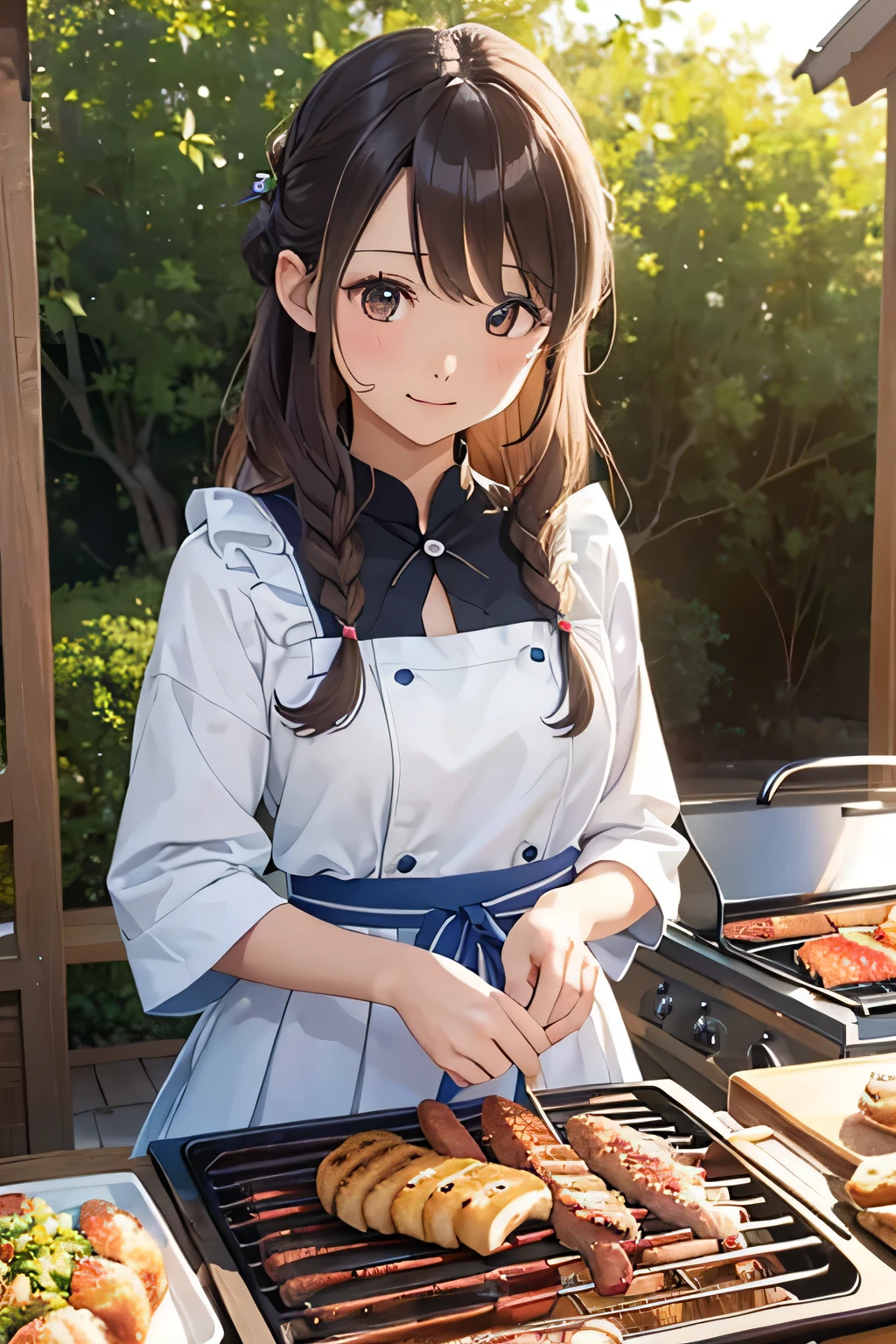 highest quality、High resolution、Detailed Background、(Beautiful face in every detail:1.4)、Anatomically correct、(Draw the usual number of fingers:1.2)、(Detailed facial expressions)、(Detailed eyes:1.2)、(Detailed eyes:1.2)、Beautiful, smooth skin、Teenage beauty、(Three Women:1.3)、Huge breasts、(Highly detailed face:1.4)、Brown Hair、Black Hair、cute hair color、ponytail、Bobcut、Braided long hair、Wavy Hairstyle、well-groomed eyebrows、Perfect body line、Barbecue Spot、Outdoor cooking area、Cowboy Shot、
(Two women having a good time at a Barbecue Spot:1.5)、
You can enjoy a barbecue with your family and friends.、
Bring your own food and grill and enjoy outdoor cooking.、
Using cute tablecloths and coasters on the table and using cute colored crockery and cutlery will make the barbecue even more fun.、
We also recommend decorating your table with flowers and greenery.、(Cute clothes with minimal exposure:1.2)、cute