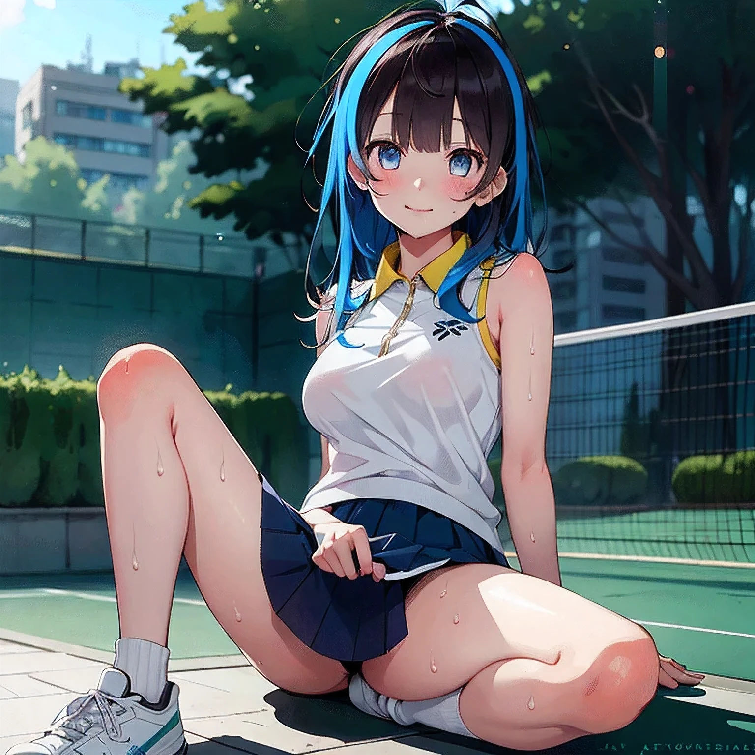a matter of fact, daytime, sunlight, 1 girl, 8K resolution, blue hair, blue eyes, glowing eyes, white short skirt, Blush, tennis costume, sleeveless shirt, sunlight, Wet from the rain, seethrough, Sit with your knees raised., pussy, Spread your legs slightly., smile, the skirt is lifted up, highest quality, High resolution, highly detailed face, perfect lighting, Very detailed CG, (perfect hands, perfect anatomy), mini yaemori, perfect figure, in love expression, bottomless, armpit, Thao Waist,